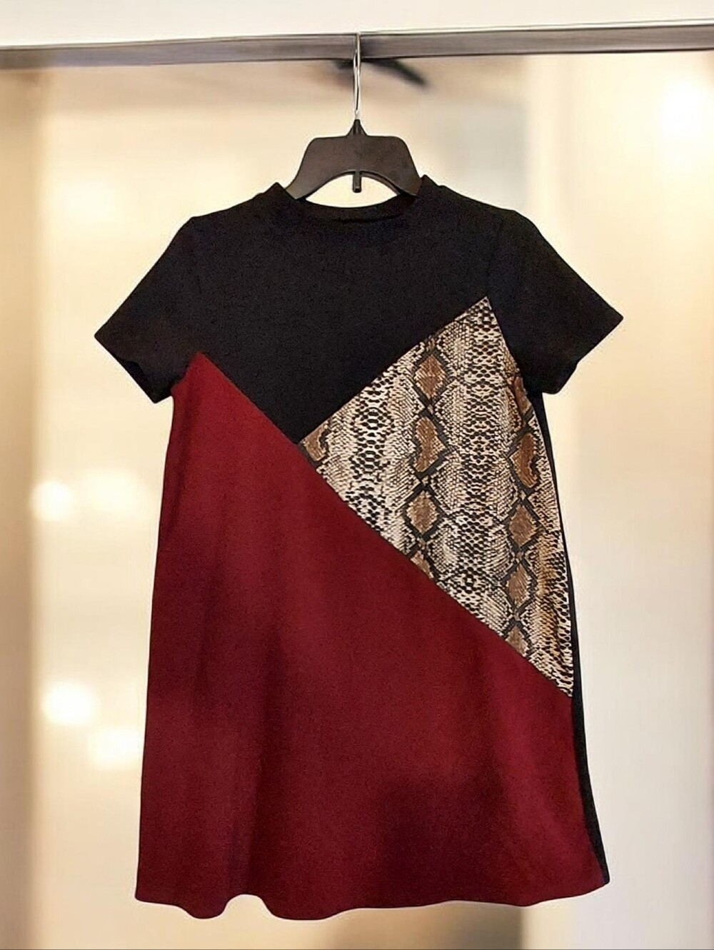 Womens Black & Burgundy Colorblock Dress with Snake Print Panel